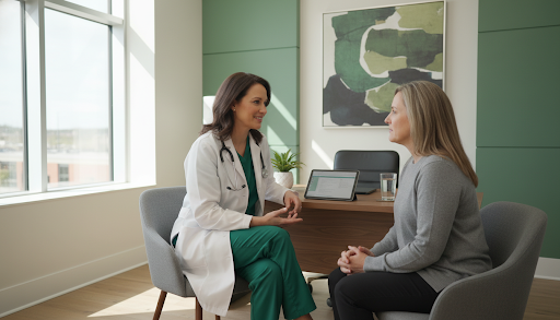 A professional and compassionate female doctor consulting with a patient in a modern medical clinic.